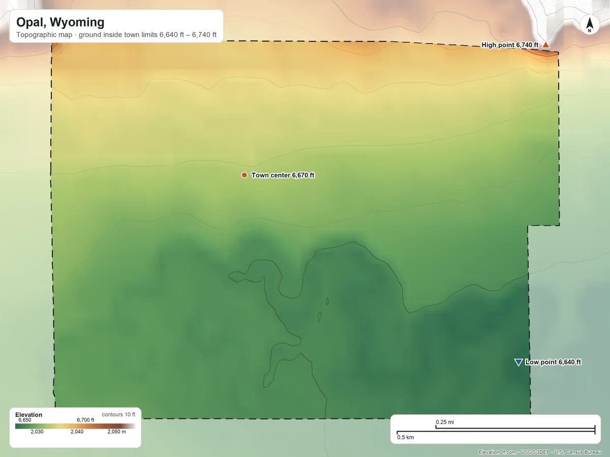 Topographic elevation map of Opal, Wyoming, shaded from 6,640 ft on the southeast side to 6,740 ft on the northeast side