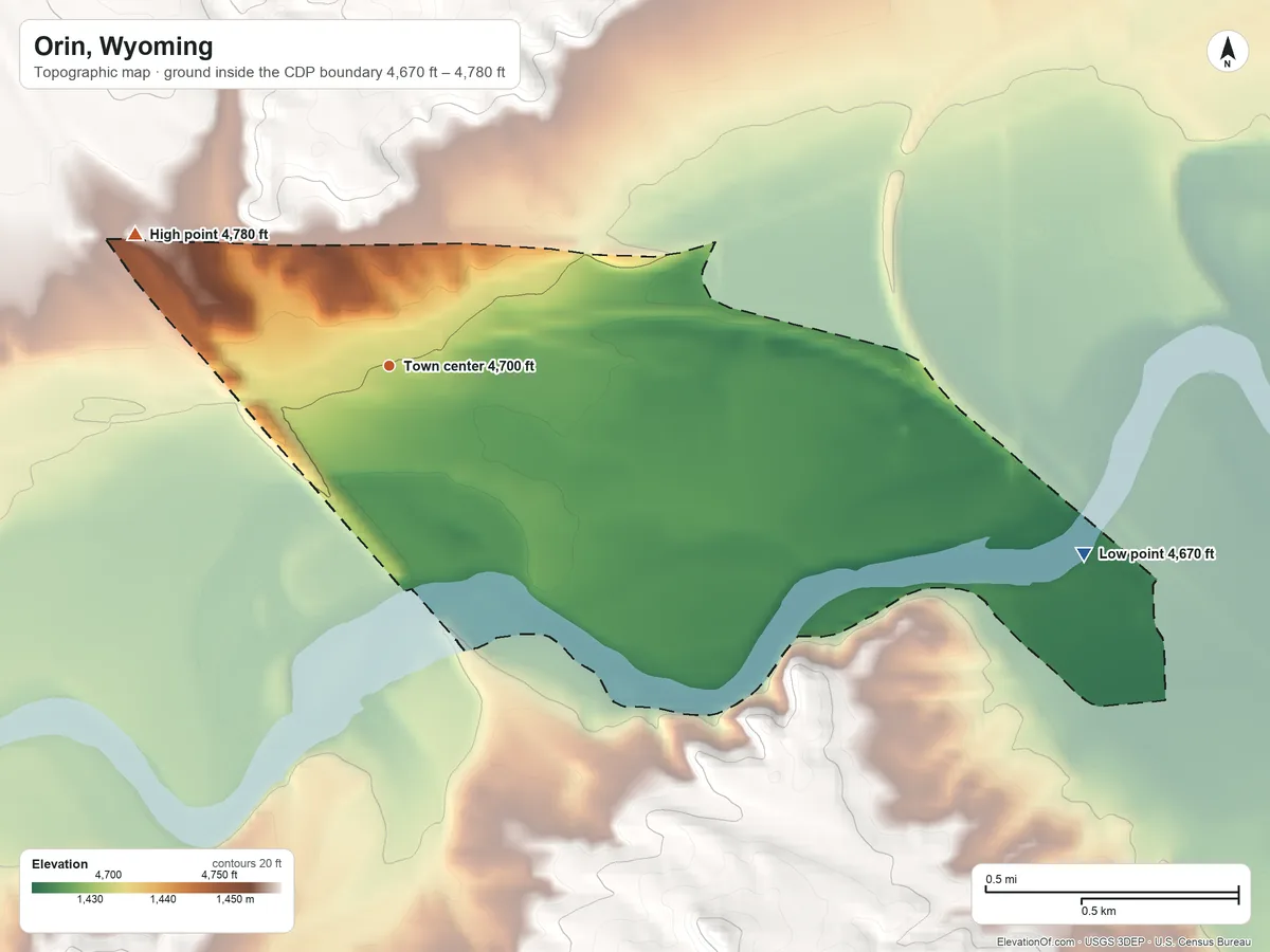 Topographic elevation map of Orin, Wyoming, shaded from 4,670 ft on the east side to 4,780 ft on the northwest side
