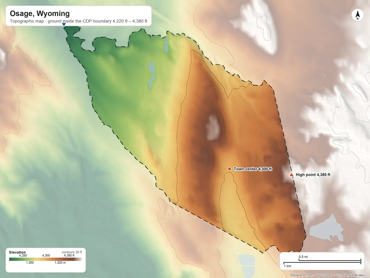 Topographic elevation map of Osage, Wyoming, shaded from 4,220 ft on the northwest side to 4,380 ft on the east side