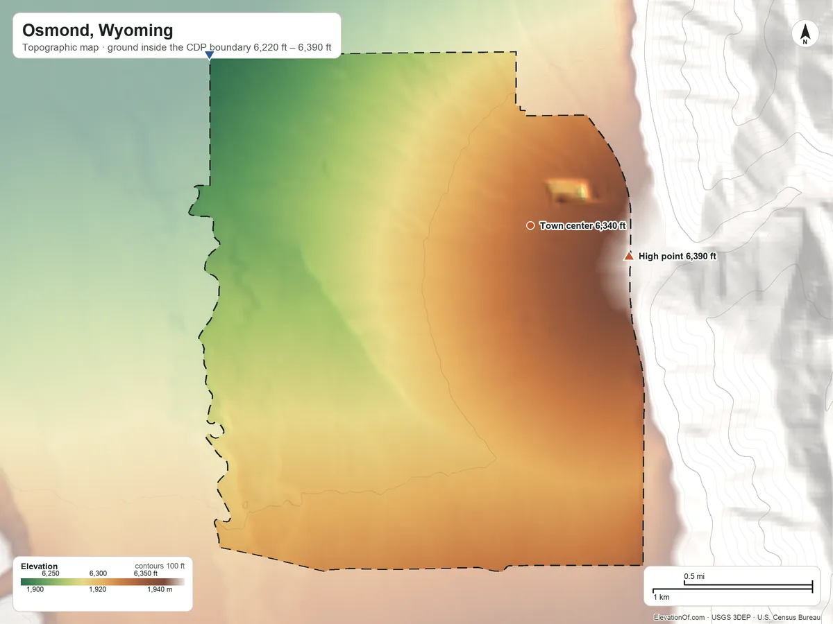 Topographic elevation map of Osmond, Wyoming, shaded from 6,220 ft on the northwest side to 6,390 ft at the foot of the Salt River Range