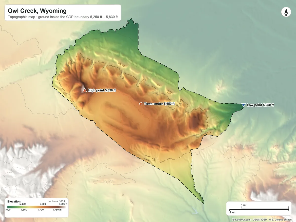 Topographic elevation map of Owl Creek, Wyoming, shaded from 5,250 ft on the east side to 5,830 ft on the west side