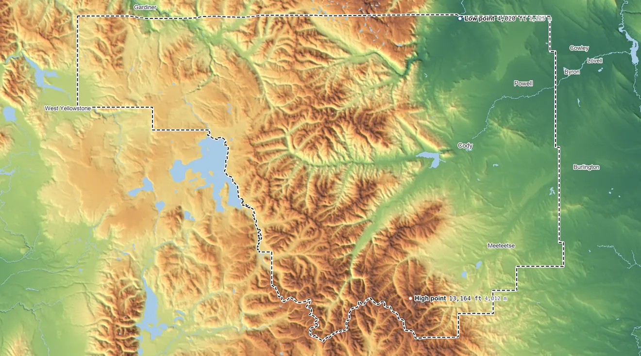 Topographic elevation map of Park County, Wyoming, shaded from 4,020 ft on the northeast side to 13,164 ft on Francs Peak