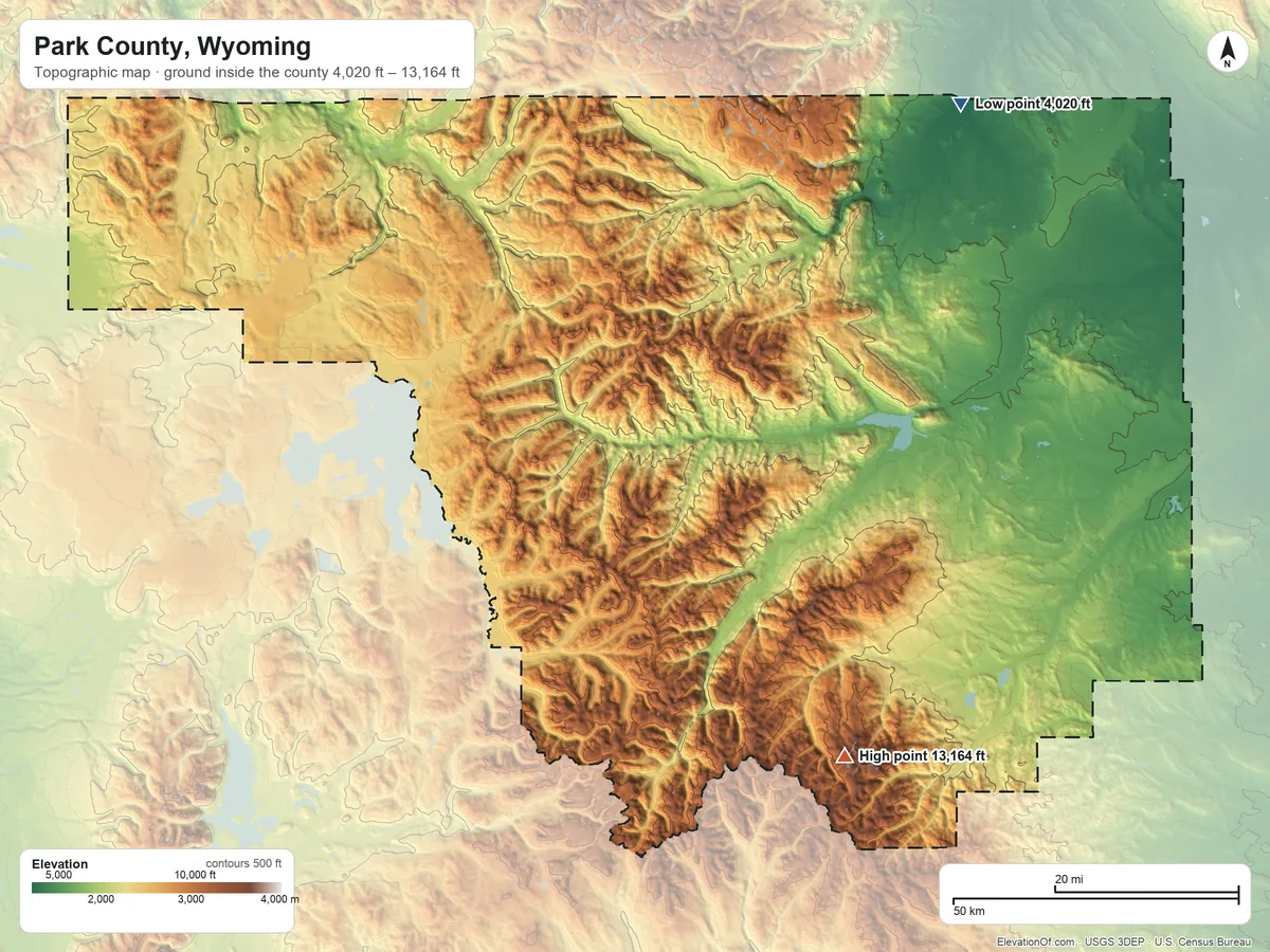 Topographic elevation map of Park County, Wyoming, shaded from 4,020 ft on the northeast side to 13,164 ft on Francs Peak