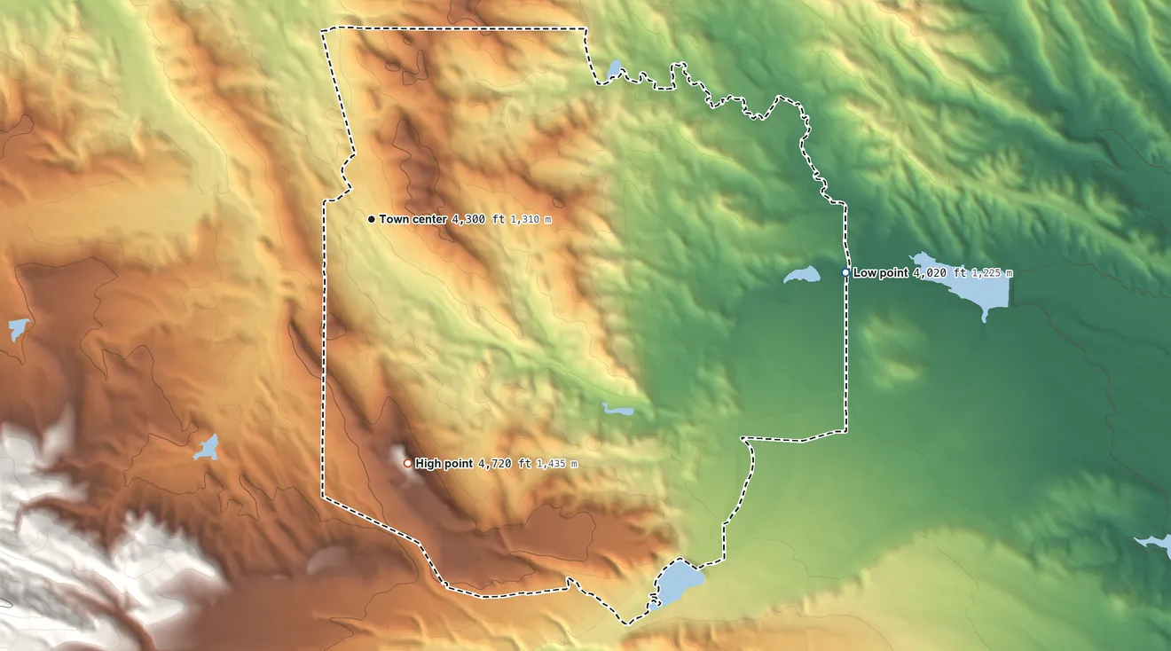 Topographic elevation map of Parkman, Wyoming, shaded from 4,020 ft on the east side to 4,720 ft on the south side