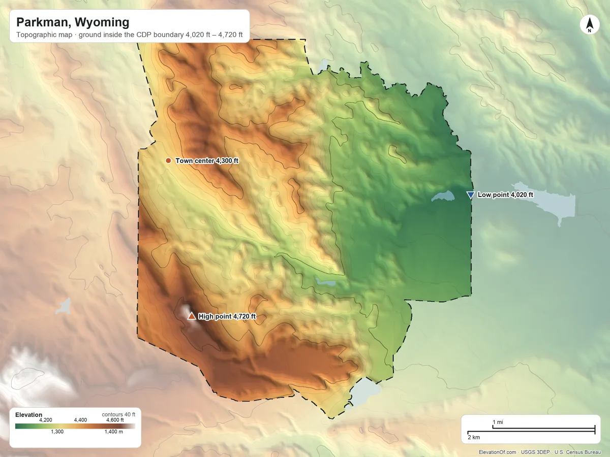 Topographic elevation map of Parkman, Wyoming, shaded from 4,020 ft on the east side to 4,720 ft on the south side