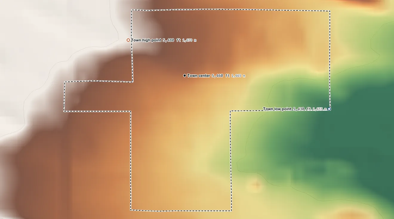 Topographic elevation map of Pavillion, Wyoming, shaded from 5,430 ft on the east side to 5,480 ft at the foot of the Edmo Buttes
