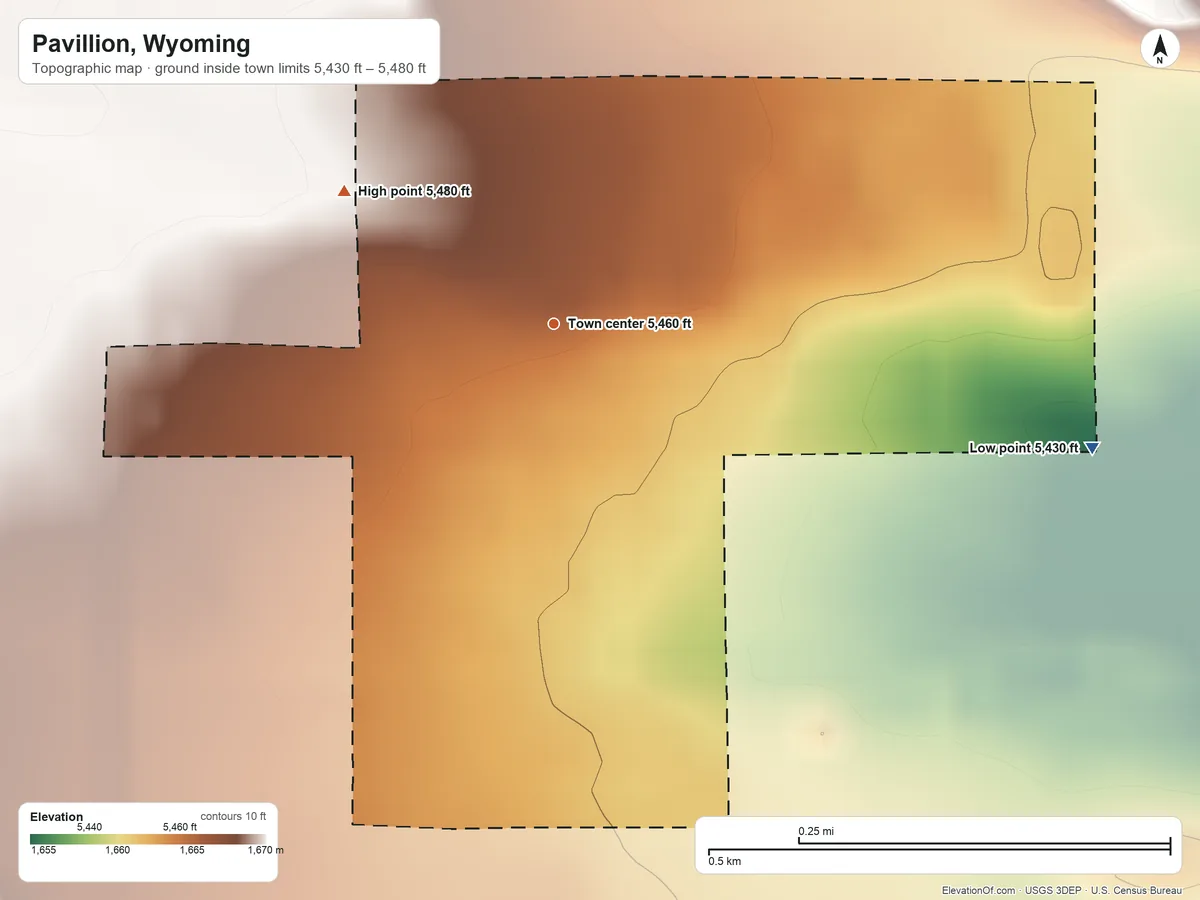 Topographic elevation map of Pavillion, Wyoming, shaded from 5,430 ft on the east side to 5,480 ft at the foot of the Edmo Buttes