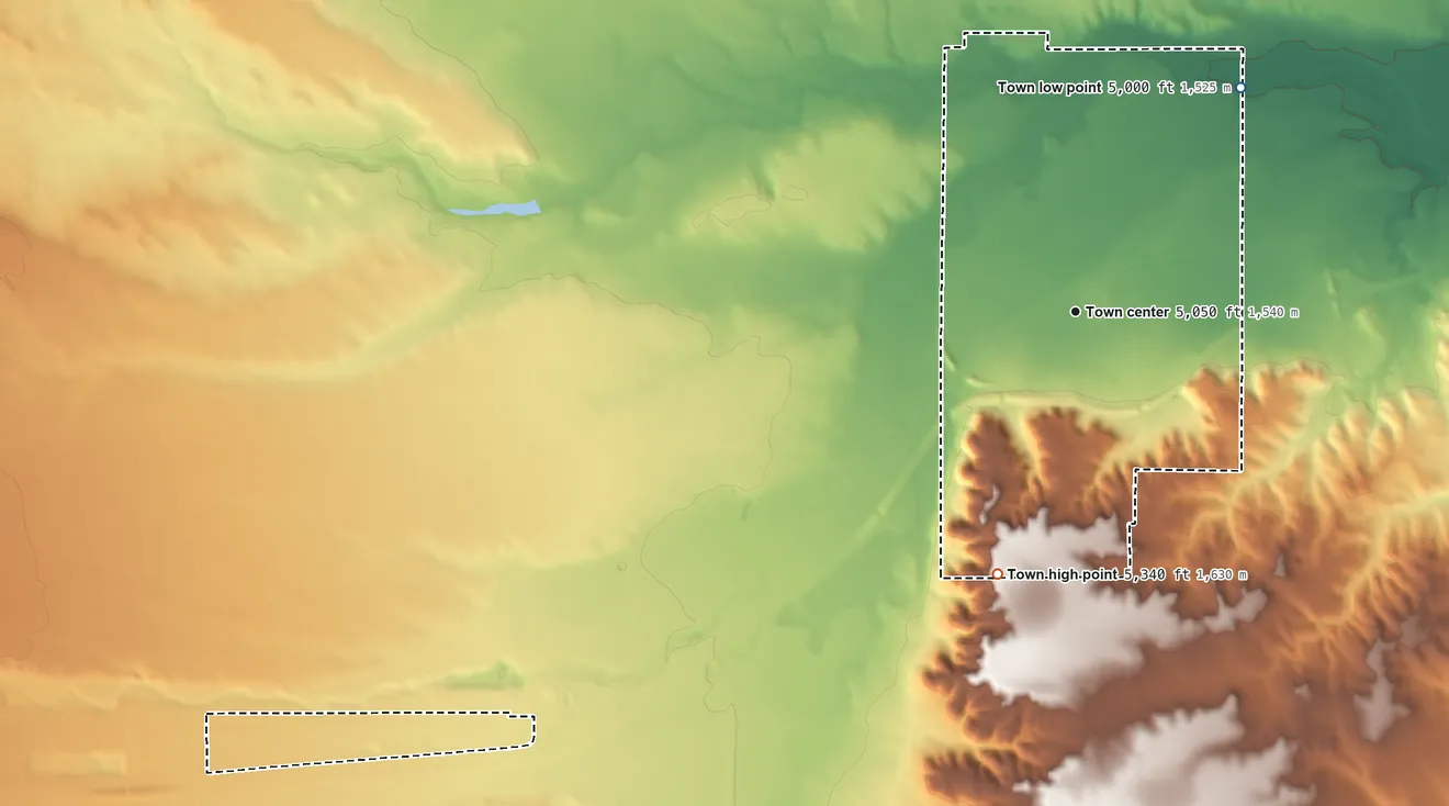 Topographic elevation map of Pine Bluffs, Wyoming, shaded from 5,000 ft on the northeast side to 5,340 ft on the south side