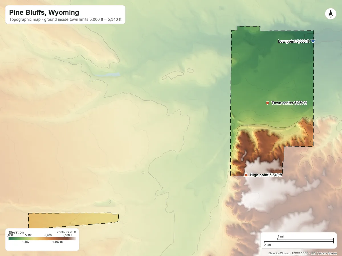 Topographic elevation map of Pine Bluffs, Wyoming, shaded from 5,000 ft on the northeast side to 5,340 ft on the south side