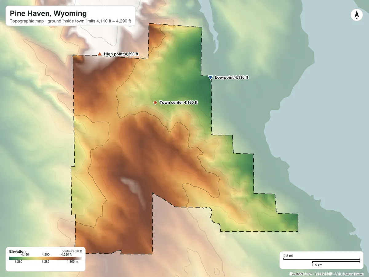 Topographic elevation map of Pine Haven, Wyoming, shaded from 4,110 ft on the northeast side to 4,290 ft on the northwest side