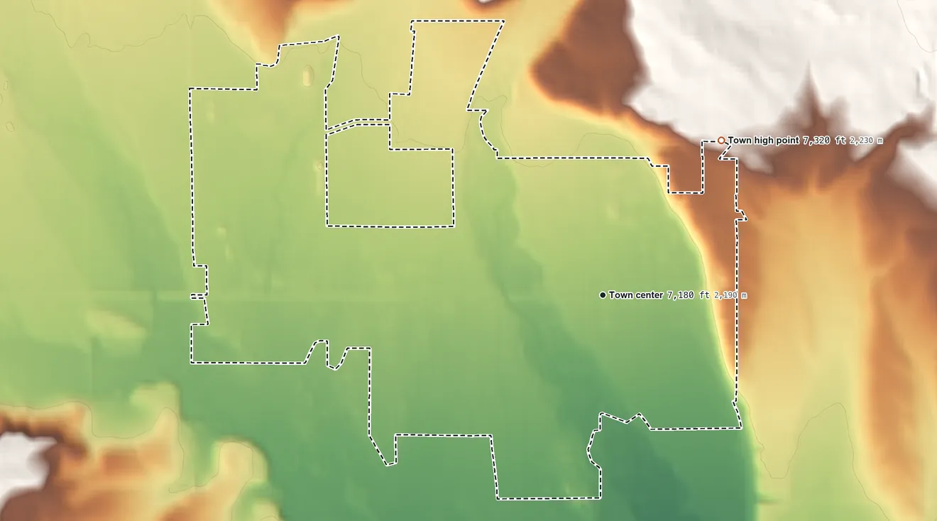 Topographic elevation map of Pinedale, Wyoming, shaded from 7,140 ft on the south side to 7,320 ft on the northeast side