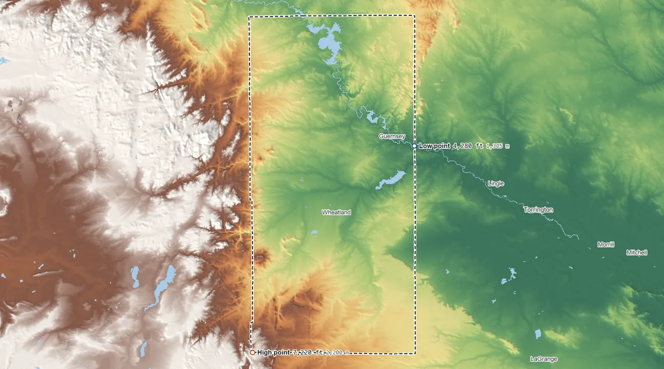 Topographic elevation map of Platte County, Wyoming, shaded from 4,280 ft on the northeast side to 7,220 ft on the southwest side