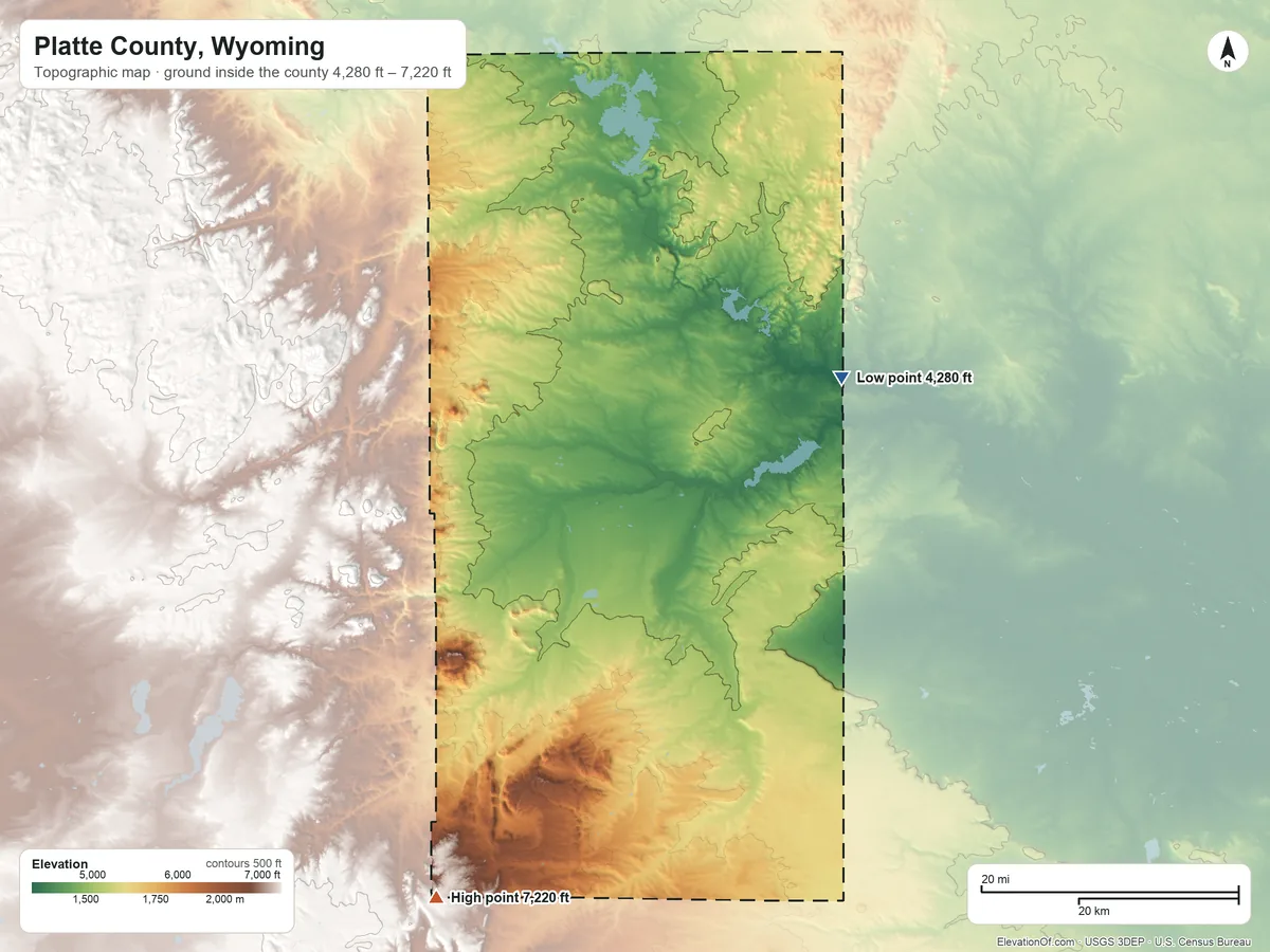 Topographic elevation map of Platte County, Wyoming, shaded from 4,280 ft on the northeast side to 7,220 ft on the southwest side