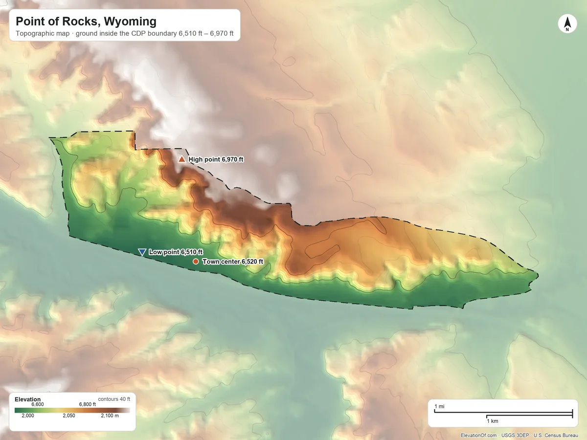 Topographic elevation map of Point of Rocks, Wyoming, shaded from 6,510 ft on the west side to 6,970 ft on the north side