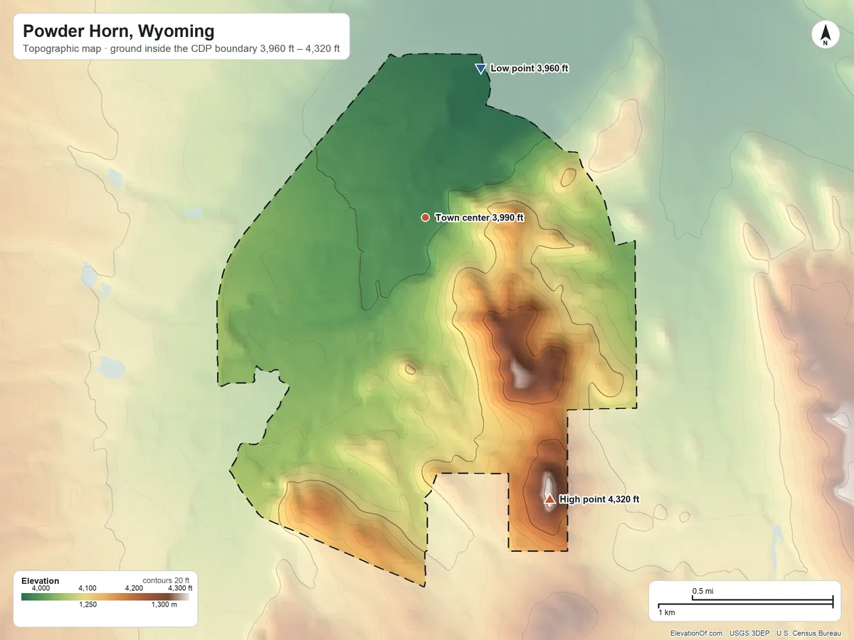 Topographic elevation map of Powder Horn, Wyoming, shaded from 3,960 ft on the north side to 4,320 ft on the southeast side