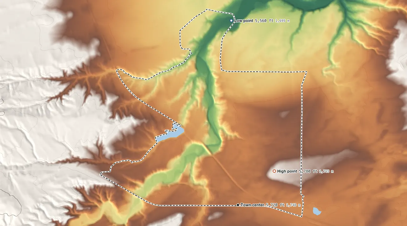 Topographic elevation map of Powder River, Wyoming, shaded from 5,560 ft on the north side to 5,780 ft on the northeast side