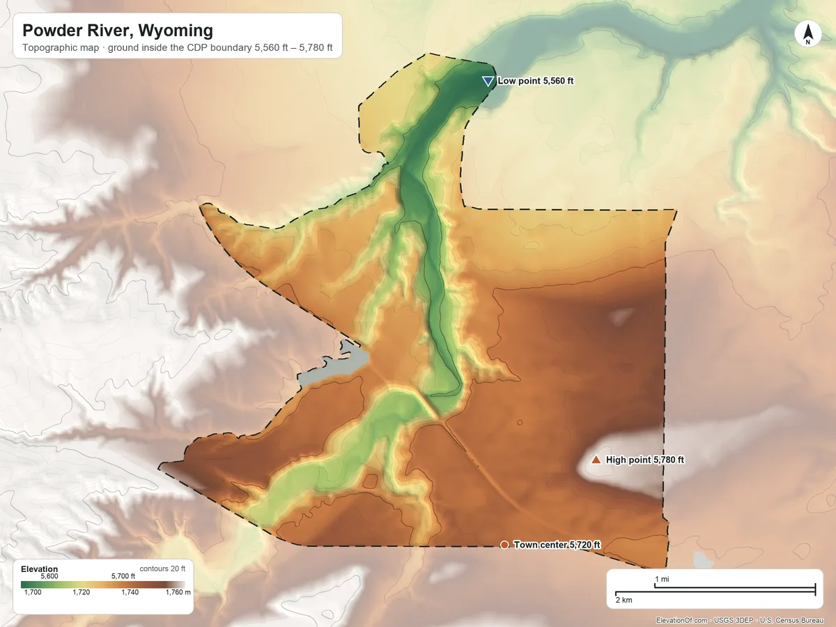 Topographic elevation map of Powder River, Wyoming, shaded from 5,560 ft on the north side to 5,780 ft on the northeast side