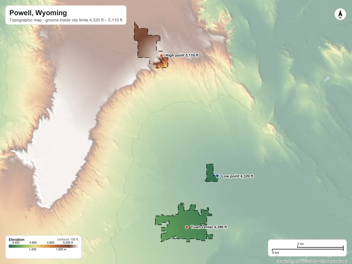 Topographic elevation map of Powell, Wyoming, shaded from 4,320 ft on the northeast side to 5,110 ft on the north side