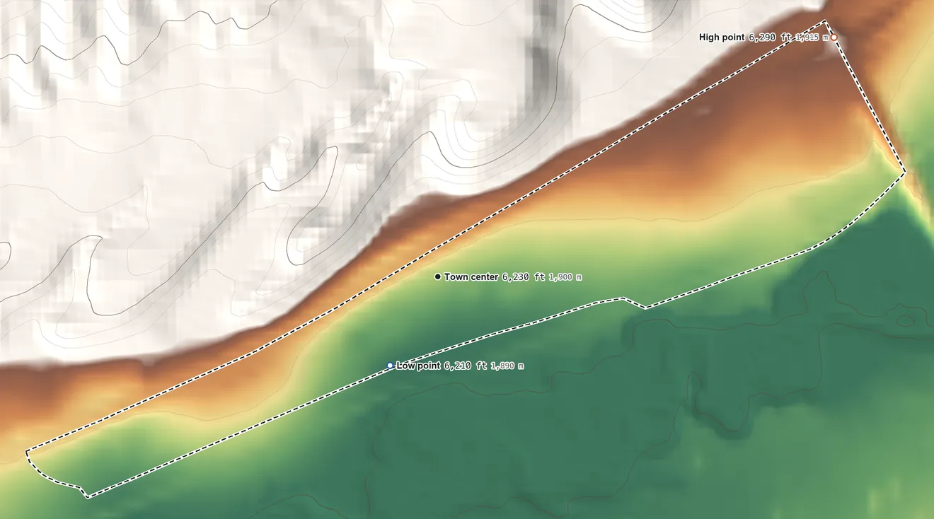 Topographic elevation map of Purple Sage, Wyoming, shaded from 6,210 ft on the southwest side to 6,290 ft on the northeast edge, below higher ground just outside