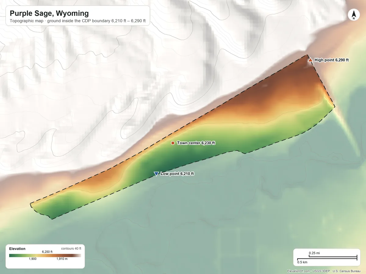 Topographic elevation map of Purple Sage, Wyoming, shaded from 6,210 ft on the southwest side to 6,290 ft on the northeast edge, below higher ground just outside