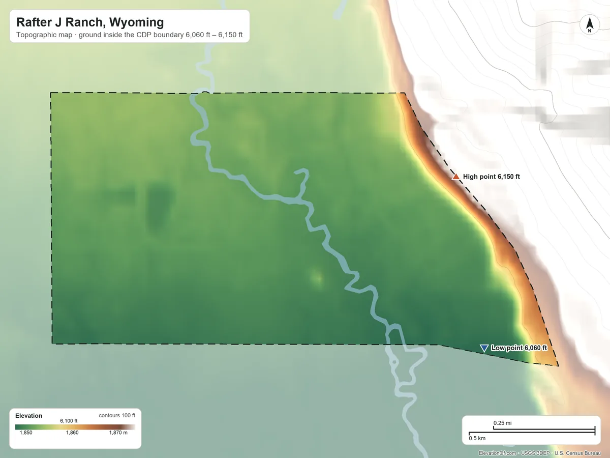 Topographic elevation map of Rafter J Ranch, Wyoming, shaded from 6,060 ft on the southeast side to 6,150 ft at the foot of the Rocky Mountains