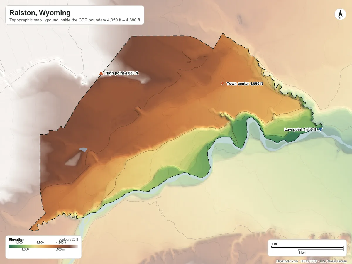 Topographic elevation map of Ralston, Wyoming, shaded from 4,350 ft on the southeast side to 4,680 ft on the west side