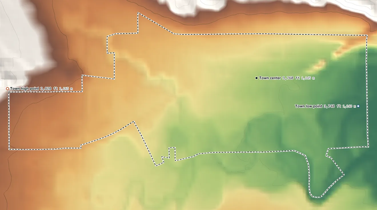 Topographic elevation map of Ranchester, Wyoming, shaded from 3,740 ft on the east side to 3,820 ft on the west side