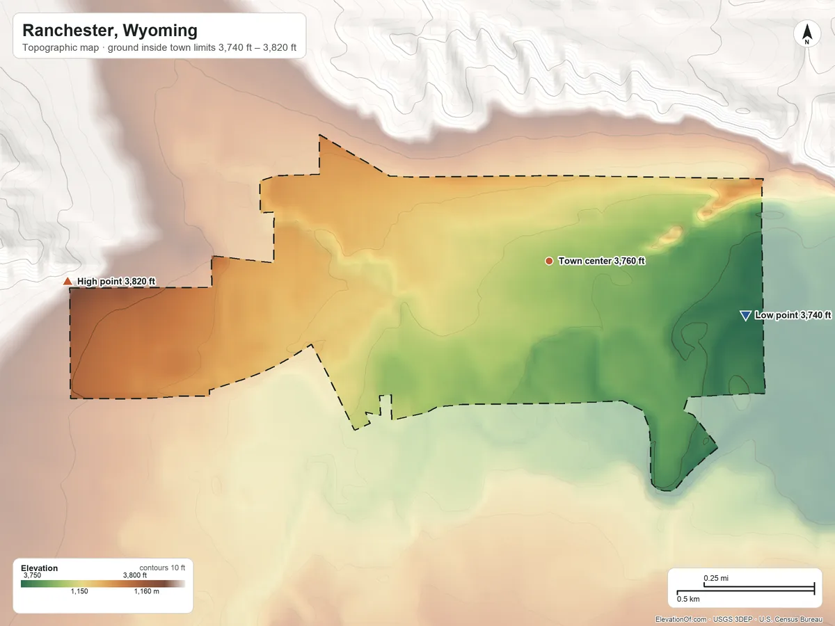Topographic elevation map of Ranchester, Wyoming, shaded from 3,740 ft on the east side to 3,820 ft on the west side