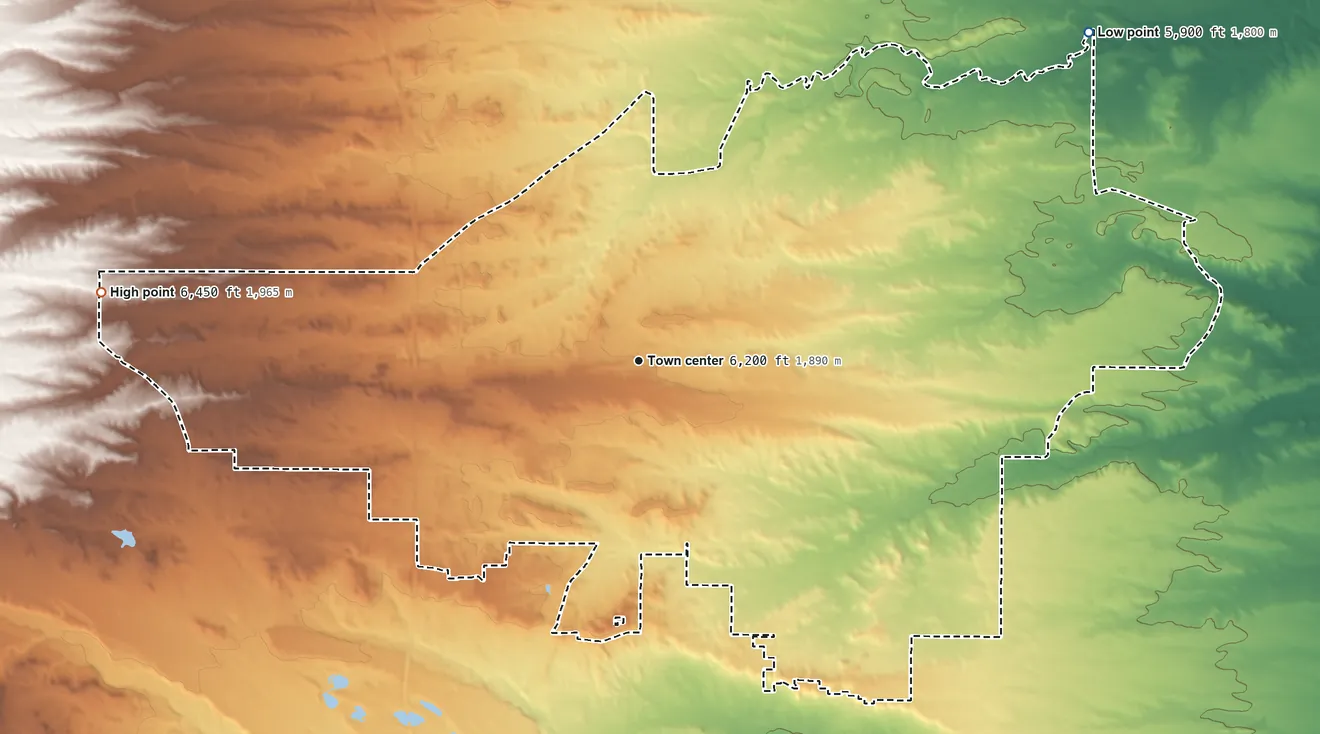 Topographic elevation map of Ranchettes, Wyoming, shaded from 5,900 ft on the northeast side to 6,450 ft on the west side