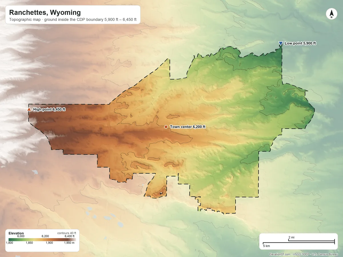 Topographic elevation map of Ranchettes, Wyoming, shaded from 5,900 ft on the northeast side to 6,450 ft on the west side