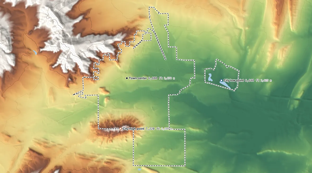 Topographic elevation map of Rawlins, Wyoming, shaded from 6,640 ft on the east side to 7,220 ft on the south side