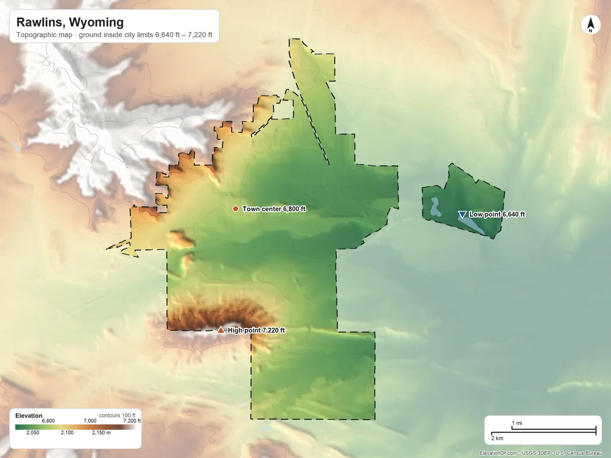 Topographic elevation map of Rawlins, Wyoming, shaded from 6,640 ft on the east side to 7,220 ft on the south side