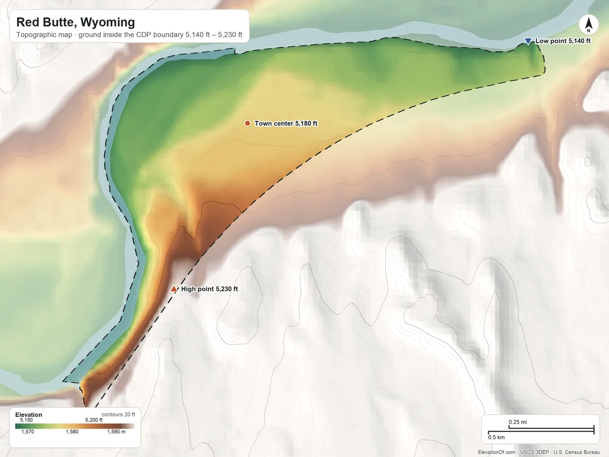 Topographic elevation map of Red Butte, Wyoming, shaded from 5,140 ft on the east side to 5,230 ft on the southwest edge, below higher ground just outside