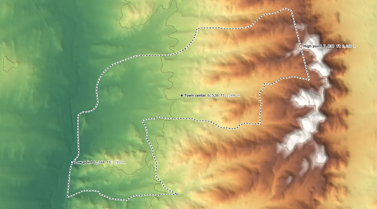 Topographic elevation map of Reliance, Wyoming, shaded from 6,340 ft on the southwest side to 7,030 ft on the northeast side