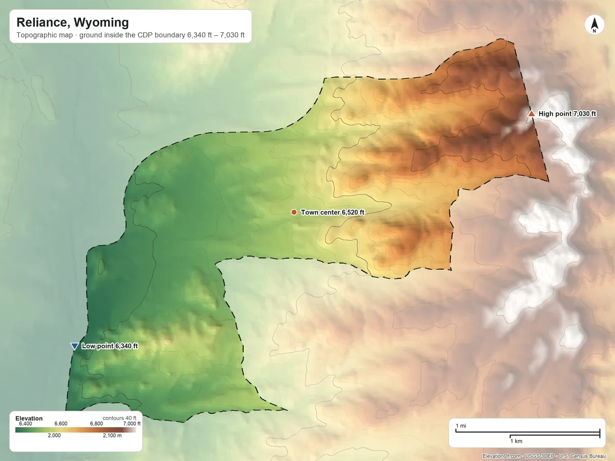 Topographic elevation map of Reliance, Wyoming, shaded from 6,340 ft on the southwest side to 7,030 ft on the northeast side