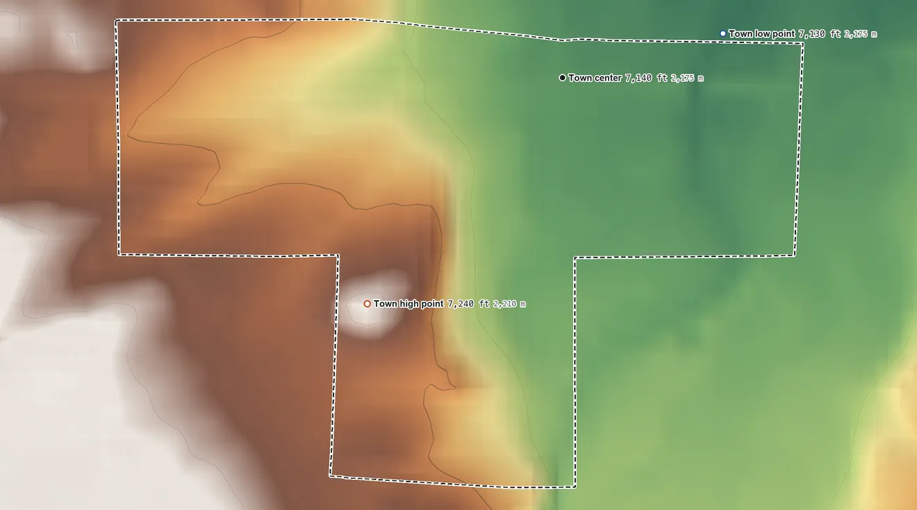 Topographic elevation map of Riverside, Wyoming, shaded from 7,130 ft on the east side to 7,240 ft at the foot of the Sierra Madre