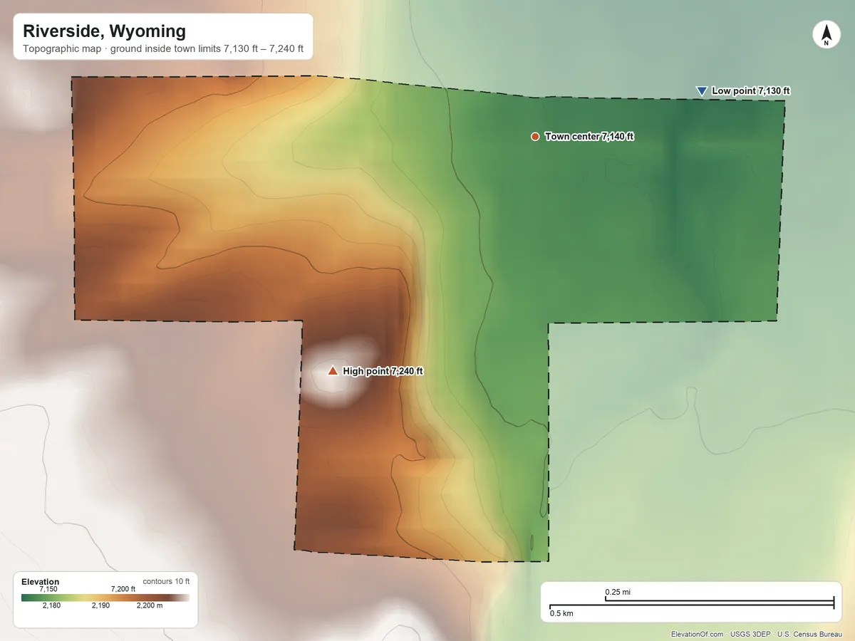 Topographic elevation map of Riverside, Wyoming, shaded from 7,130 ft on the east side to 7,240 ft at the foot of the Sierra Madre