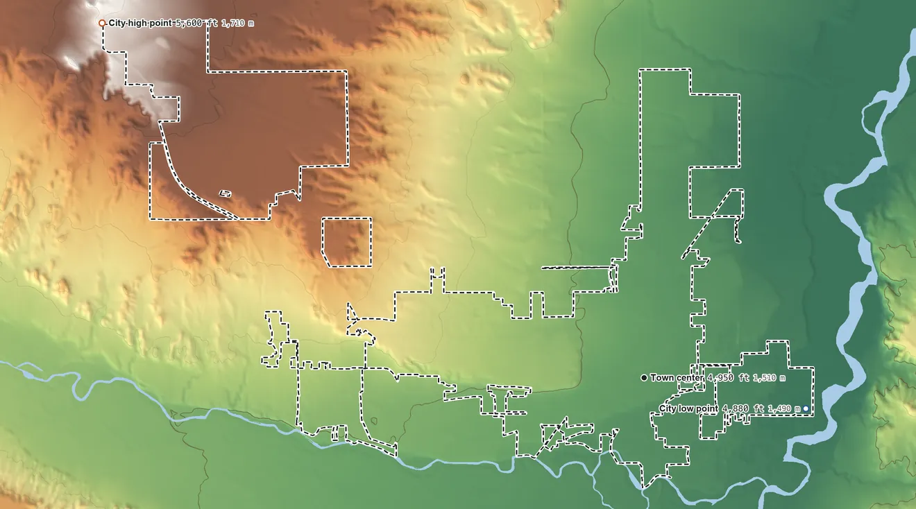 Topographic elevation map of Riverton, Wyoming, shaded from 4,880 ft on the east side to 5,600 ft on the northwest side