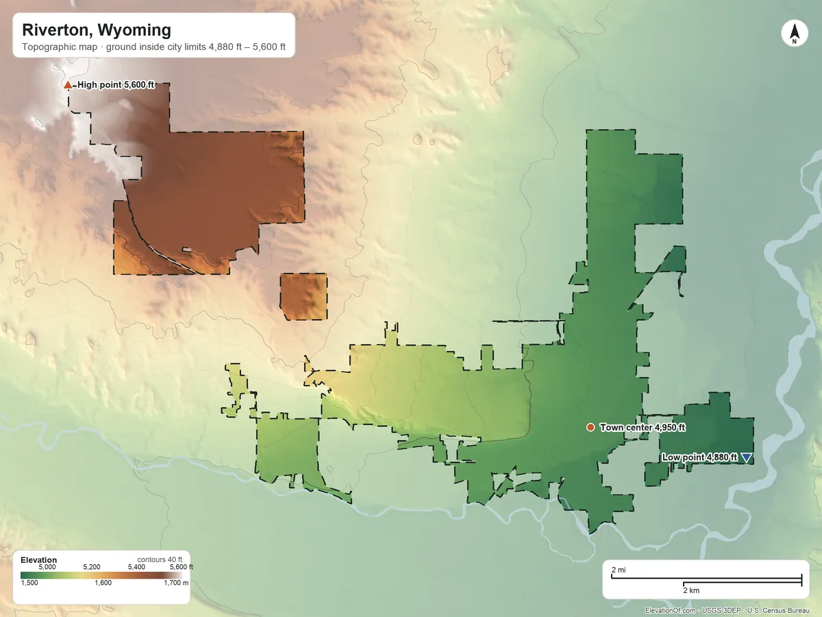 Topographic elevation map of Riverton, Wyoming, shaded from 4,880 ft on the east side to 5,600 ft on the northwest side