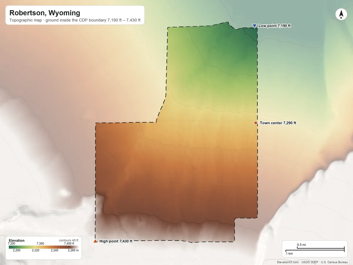 Topographic elevation map of Robertson, Wyoming, shaded from 7,190 ft on the north side to 7,430 ft on the southwest edge, below higher ground just outside
