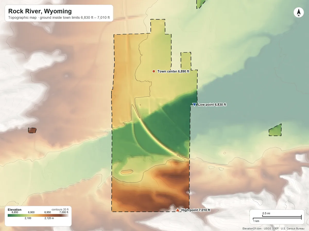 Topographic elevation map of Rock River, Wyoming, shaded from 6,830 ft on the southeast side to 7,010 ft on the south edge, below higher ground just outside