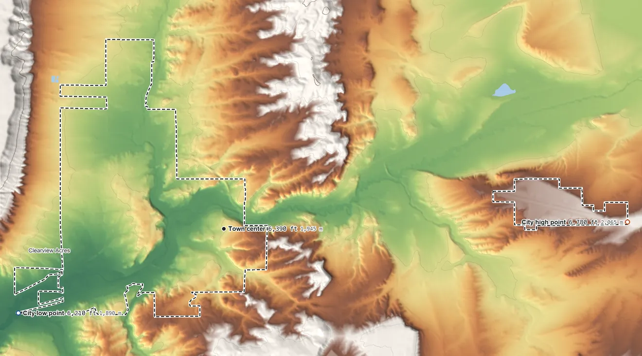 Topographic elevation map of Rock Springs, Wyoming, shaded from 6,210 ft on the west side to 6,780 ft on the east side