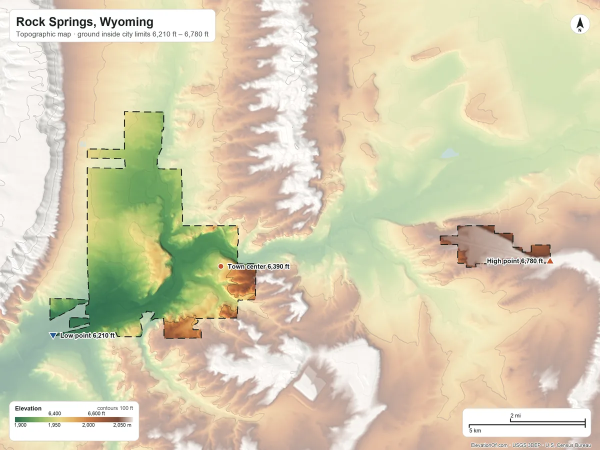 Topographic elevation map of Rock Springs, Wyoming, shaded from 6,210 ft on the west side to 6,780 ft on the east side