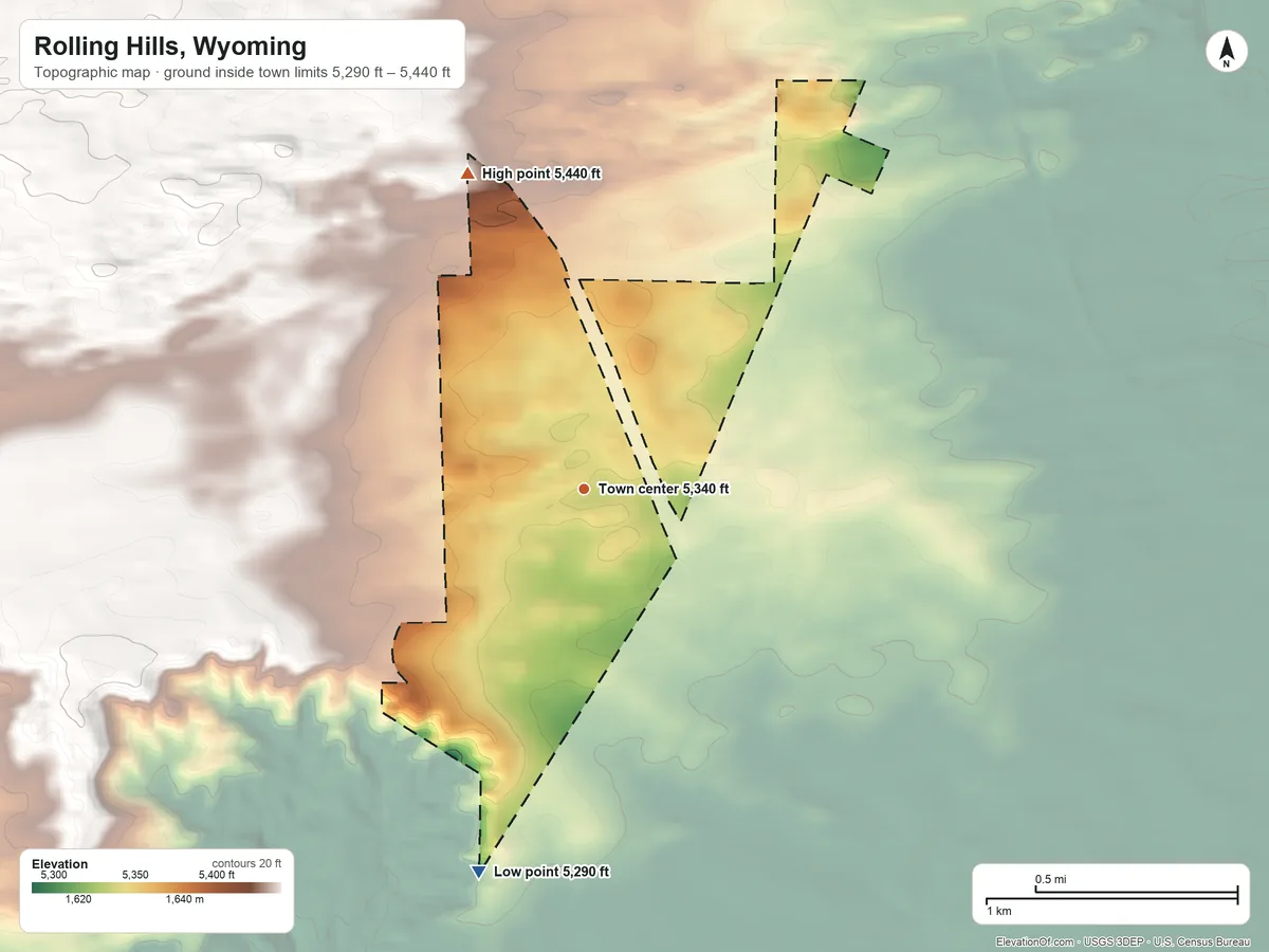 Topographic elevation map of Rolling Hills, Wyoming, shaded from 5,290 ft on the south side to 5,440 ft on the north side