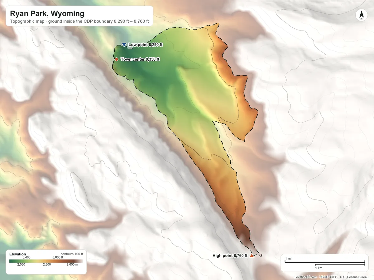 Topographic elevation map of Ryan Park, Wyoming, shaded from 8,290 ft near the middle to 8,760 ft at the foot of the Snowy Range