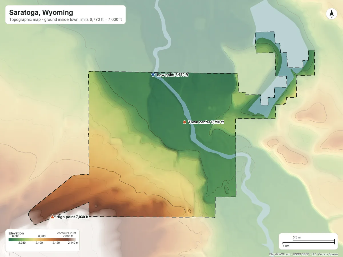 Topographic elevation map of Saratoga, Wyoming, shaded from 6,770 ft on the northwest side to 7,030 ft on the southwest side