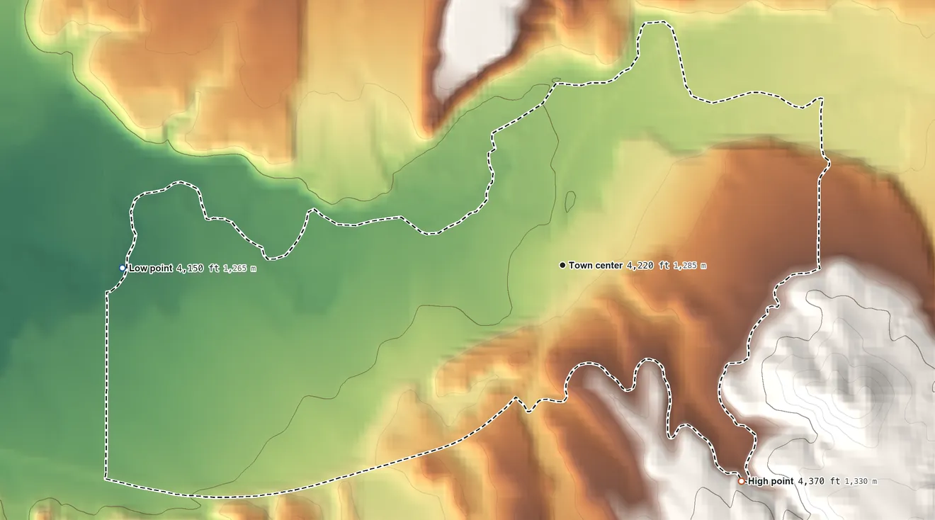 Topographic elevation map of Shell, Wyoming, shaded from 4,150 ft on the west side to 4,370 ft on the southeast edge, below higher ground just outside