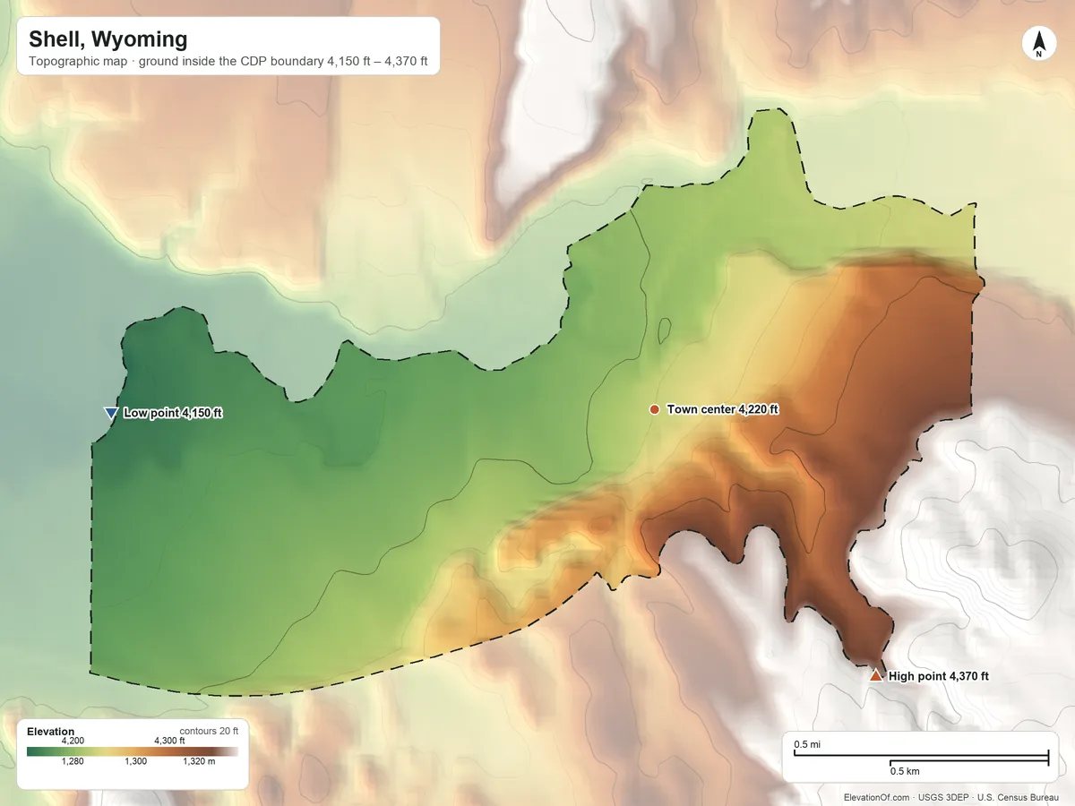 Topographic elevation map of Shell, Wyoming, shaded from 4,150 ft on the west side to 4,370 ft on the southeast edge, below higher ground just outside