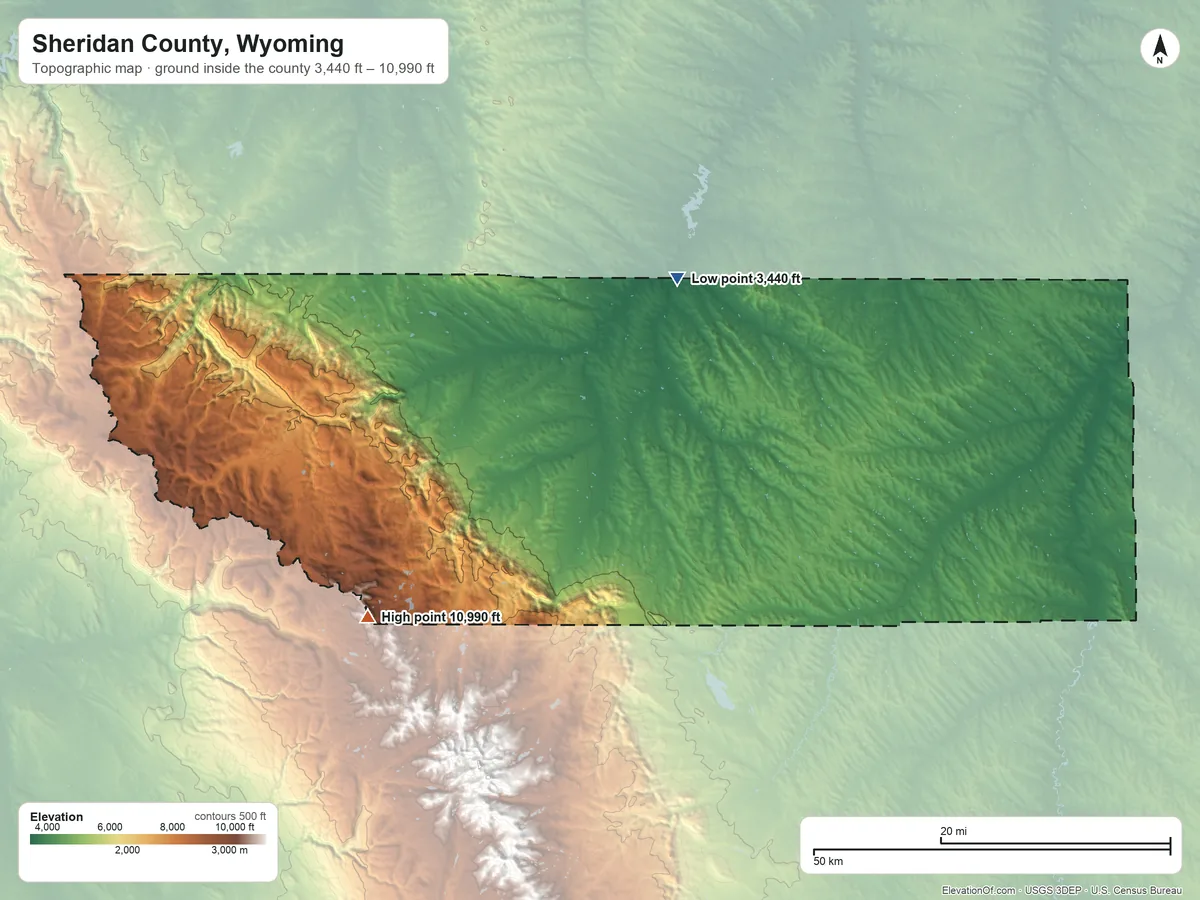Topographic elevation map of Sheridan County, Wyoming, shaded from 3,440 ft on the northeast side to 10,990 ft on the southwest side