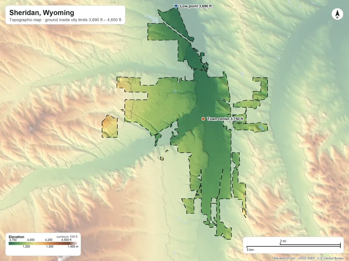 Topographic elevation map of Sheridan, Wyoming, shaded from 3,690 ft on the north side to 4,650 ft at the foot of the Beaver Creek Hills